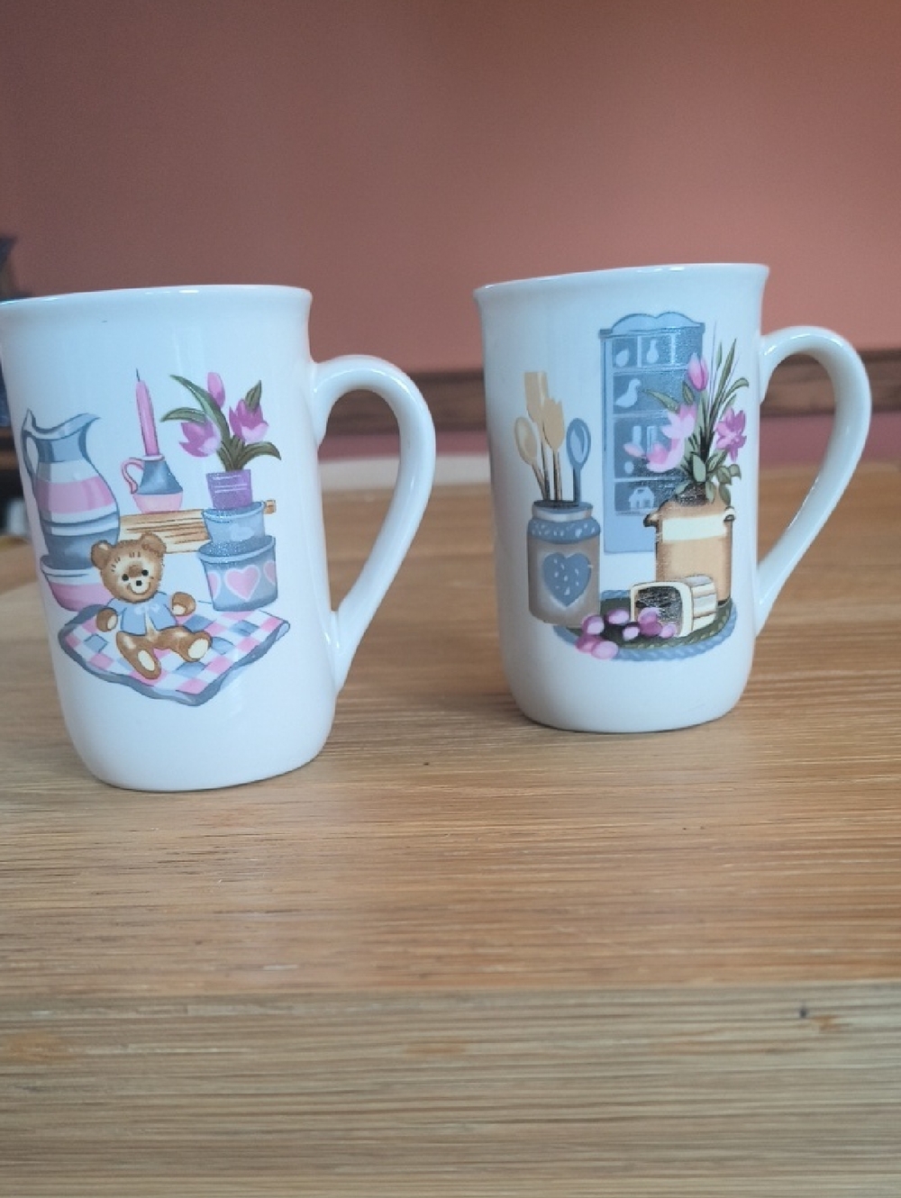 Vintage 80s Country Farmhouse Ceramic Mugs - Set of 2 - Blue & Mauve